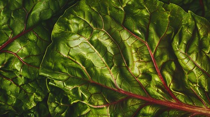 Close-up of fresh organic green and red leaves of beet vegetable plant with visible veins and water drops. Beetroot leaves texture background. - obrazy, fototapety, plakaty