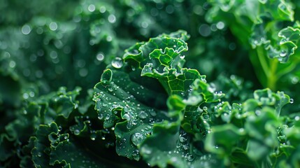 Close-up of green kale leaves with water drops. The leaves are arranged in a rosette pattern and have a ruffled texture. - obrazy, fototapety, plakaty
