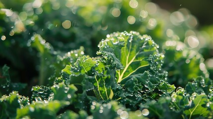 Close-up of green kale leaves with water drops on them. The leaves are backlit by the sun, which creates a beautiful sparkling effect.