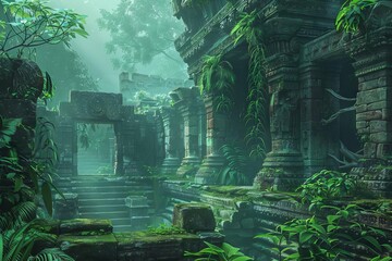 Mysterious ancient temple ruins in a misty jungle, lush vegetation and crumbling stone architecture, digital illustration - obrazy, fototapety, plakaty