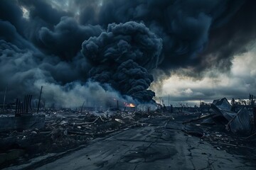 Ominous black cloud rising from the aftermath of a devastating fire, conveying a sense of danger and destruction - obrazy, fototapety, plakaty