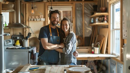 A young couple standing in a wood shop. The man is wearing an apron and the woman is wearing a plaid shirt. - obrazy, fototapety, plakaty