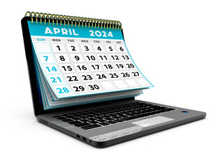 2024 year calendar. April calendar over laptop screen on a white background. April 2024 Spiral Calendar can be used for Stationary, flyer, banner background. 3d render
