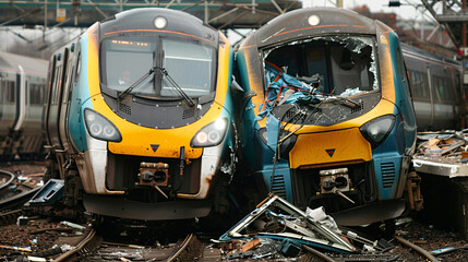 massive trains collided and derailed, with different parts of it shattered 