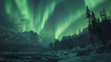 Fotobehang Aurora borealis over the frosty forest. Green northern lights above mountains. Night nature landscape with polar lights. Night winter landscape with aurora. Creative image. winter holiday concept © somneuk