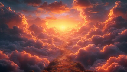 Stairway among evening clouds leading to Heaven.