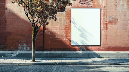 An empty billboard on a brick wall next to a tree. The billboard is a large, rectangular frame with a white background.