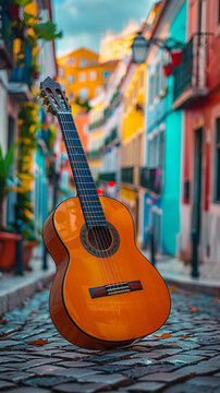 A traditional Portuguese guitar on the cobblestone streets of Lisbon