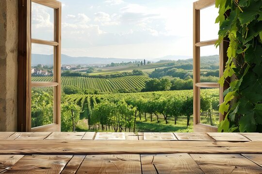 Open window with empty wooden table, picturesque vineyard view, product presentation template