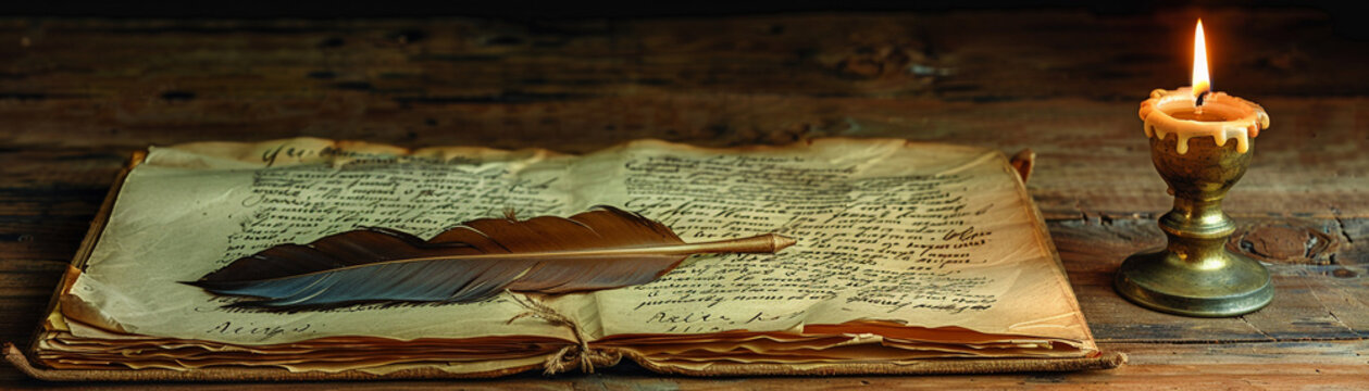 Vintage quill and inkwell on an aged manuscript of Common Sense