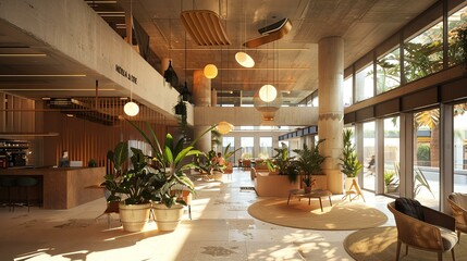 The image shows a modern office space with a large open area. There are several plants in the office, and the furniture is made of wood and metal.