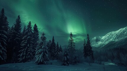 Aurora borealis over the frosty forest. Green northern lights above mountains. Night nature...