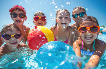 happy group of children in a swimming pool with a beach ball, wearing sunglasses and enjoying the summer