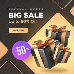 Big sale square banner with dark and gold colors. A couple of gift boxes with discount label. Vector illustration.