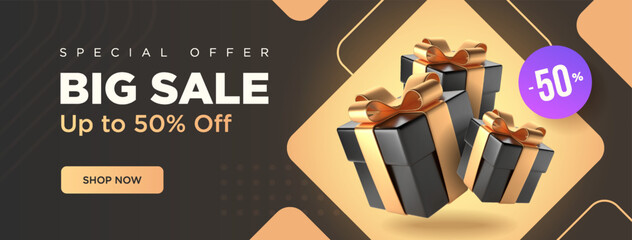 Big sale long banner with dark and gold colors. A couple of gift boxes with discount label. Vector illustration.