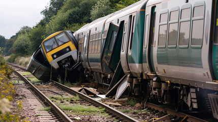Fototapeta premium massive trains collided and derailed, with different parts of it shattered 