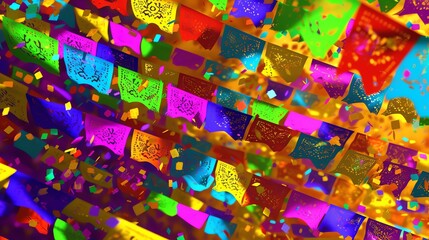 A colorful celebration of life with papel picado flags and confetti.