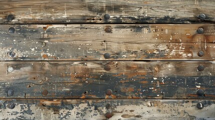 Rustic wooden background with peeling paint and rusty nails. The wood is a medium brown color, with the paint a light blue color.