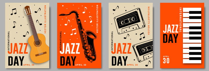 Jazz Day. Poster background template for music festival. Classical wooden guitar, piano keyboard, saxophone, audio cassette tape event flyer design. April 30. International Jazz Day Celebration © sivvector