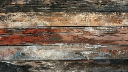 Rustic wooden background with peeling paint. The boards are a variety of colors, including brown, red, and gray.
