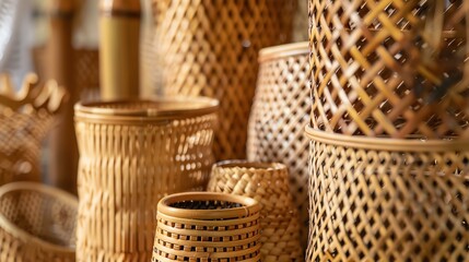 A variety of handmade bamboo baskets in different shapes and sizes. The baskets are made from...