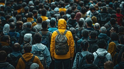 Obraz premium Man in yellow jacket standing out from large crowd of people in the middle of the street