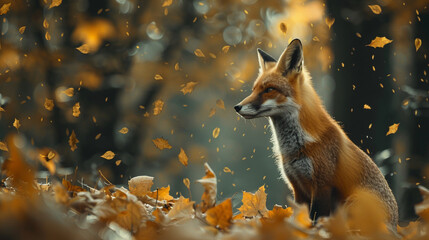 red fox in the authmn woods , fallen  leaf, wild life - obrazy, fototapety, plakaty