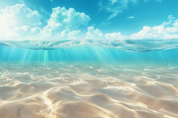 Seabed sand with blue tropical ocean above, empty underwater background, summer scene, digital painting
