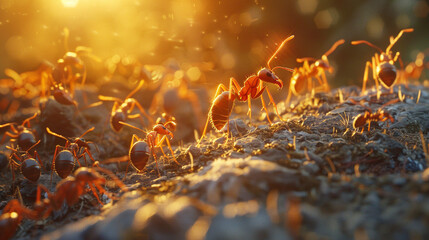 close up of ant on the field , natural warm light , ant colony ,insect