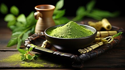 Green matcha tea powder on wooden table