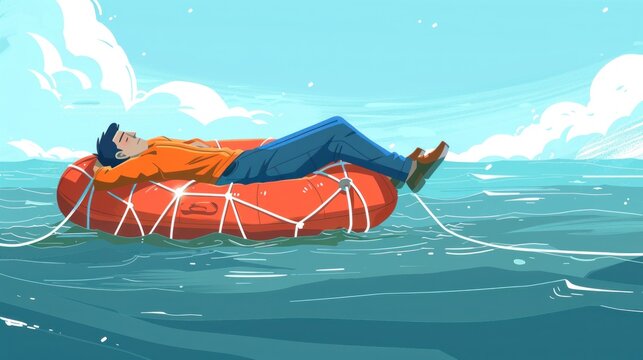 Business safety net concept with businessman sleeping peaceful on raft at sea, Generative AI illustration