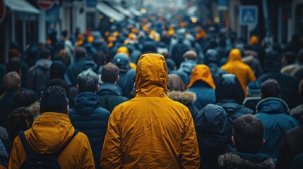 Man in yellow jacket standing out from large crowd of people in the middle of the street - obrazy, fototapety, plakaty