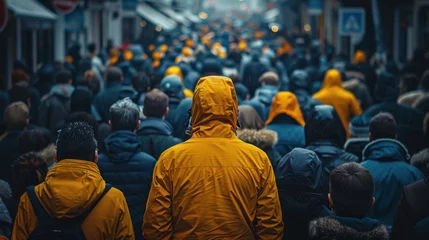 Fotobehang Man in yellow jacket standing out from large crowd of people in the middle of the street © 2D_Jungle