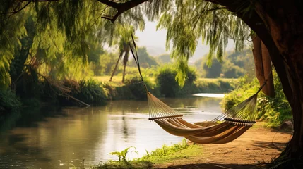 Rolgordijnen hammock on the tropical island. © Shades3d