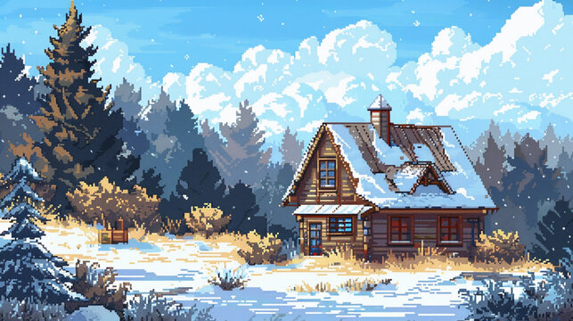 2d pixel art of wooden house on the snow forrest , winter season ,festival , game concept art