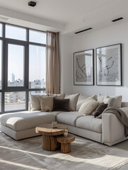 large framed posters on the wall above the grey sofa in the living room