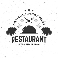 Restaurant shop, menu logo. Vector Illustration. Vintage graphic design for logotype, label, badge with cloche with lid, chef hat, fork and knife. Cooking, cuisine logo for menu restaurant or cafe. - 771495606