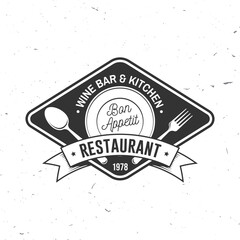 Restaurant shop, menu logo. Vector Illustration. Vintage graphic design for logotype, label, badge with empty plate, fork and spoon. Cooking, cuisine logo for menu restaurant or cafe. - 771495804