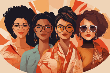 Diverse women faces of different ethnic patterns wearing glasses. Patterns of women's empowerment movements. Vector flat illustration