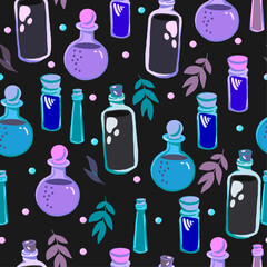 Enchanting Botanical Potion, Vector potion bottle seamless pattern, plants, leaves, magic, magical, witch, witchy, moody, goth, aesthetic, black, surface pattern, perfume bottle hand drawn