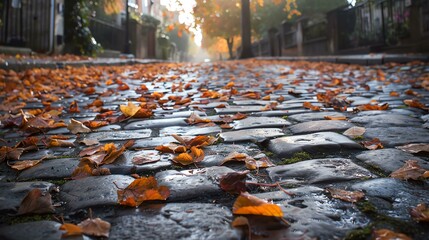Cobblestone street in the fall. The wet cobblestones are covered in fallen leaves. The leaves are...