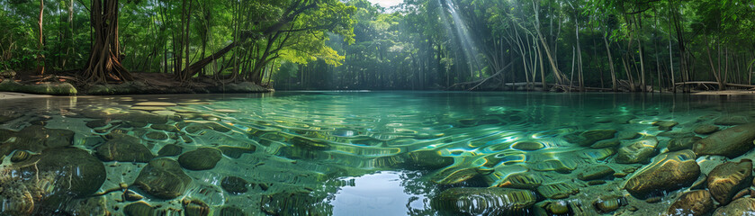panorama view of clear water at watershed forest with turqouise water and natural sunlight