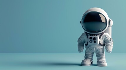 A cute astronaut in a white spacesuit with a black helmet and a camera on the chest is standing on...
