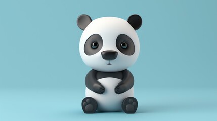 3D rendering of a cute cartoon panda sitting on a blue background. The panda has black and white fur, with big black eyes and a pink nose.