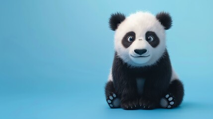 Cute panda bear sitting on a blue background. The panda is looking at the camera with a friendly...