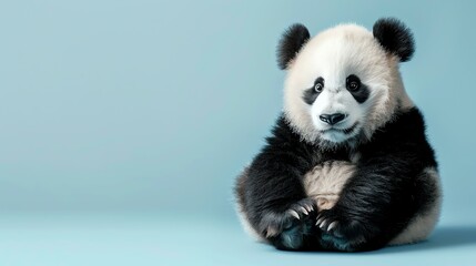 An adorable baby panda sits on a blue background. The panda is looking at the camera with its big,...