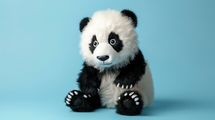 Cute and cuddly panda bear sitting on a blue background. The panda is made of soft, plush material...