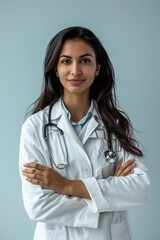 portrait of a young female indian doctor on light blue studio background