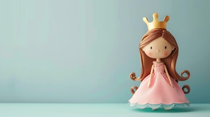 Little princess figurine wearing a golden crown and a pink dress with long brown hair standing on a blue background.