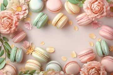 Foto op Canvas pastel background with French macarons for banners, cards, flyers, social media wallpapers © Namphon